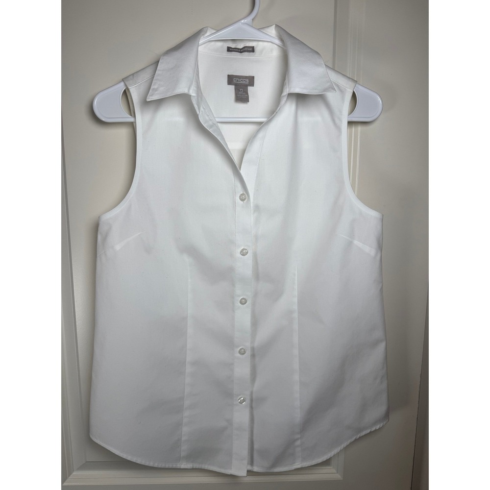 Chicos White Sleeveless Button Down Shirt Wrinkle Resistant Cotton Top Size 0